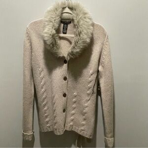 A. Giannetti Cream Cardigan with Faux Fur Trim